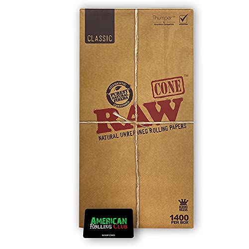 Book Cover RAW Cones King Size Classic | 1400 Bulk Box | Natural Pre Rolled Rolling Papers with Tips ~ Includes American Rolling Club Scoop Card