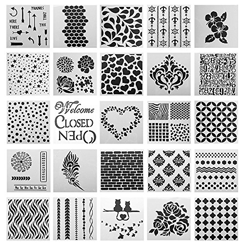 Book Cover SOTOGO 25 Pcs Mixed Pattern Hollow Out Painting Stencils Square Shape Journal Stencil Plastic Planner Stencils for Painting on Wood/Journal/Notebook/Diary/Scrapbook DIY Drawing Template Stencil