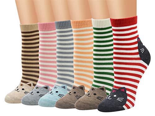 Book Cover AnVei-Nao Womens Girls Stripe Cute Cat Cotton Soft Pattern Crew Ankle Socks