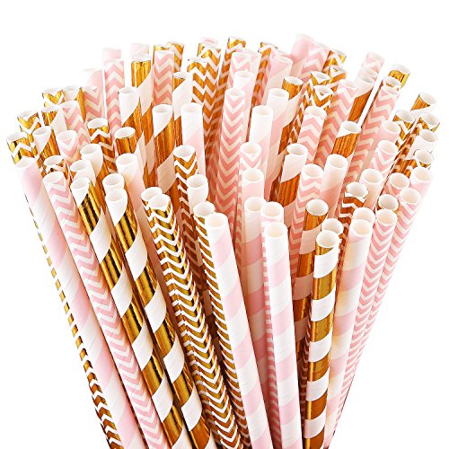 Book Cover ALINK Biodegradable Paper Straws, 100 Pink Straws/Gold Straws for Party Supplies, Birthday, Wedding, Bridal/Baby Shower Decorations and Holiday Celebrations