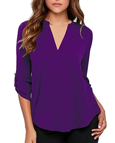 Book Cover roswear Women's Casual V Neck Cuffed Sleeves Solid Chiffon Blouse Top