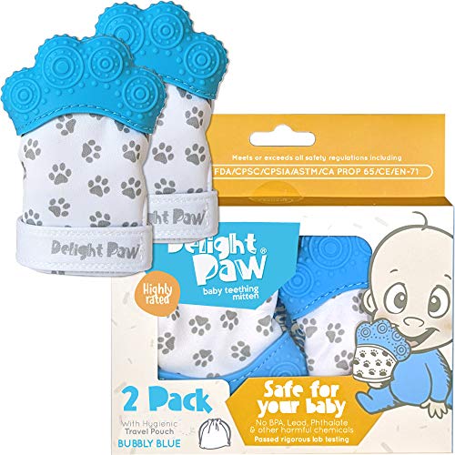 Book Cover Delight Paw Baby Teething Mitten Mom Designed for Self Soothing Pain Relief | Hygienic Travel Bag | No BPA | Like Munch Mitt | Baby Boy or Baby Girl | Babies 0-12 Months | Bubbly Blue
