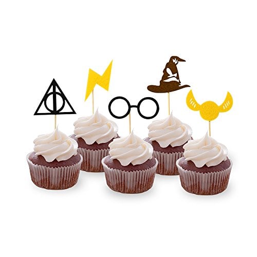 Book Cover 30PCS Wizard Cupcake Toppers, HP Birthday Party Cake Decorations, Wizard Theme Party Supplies