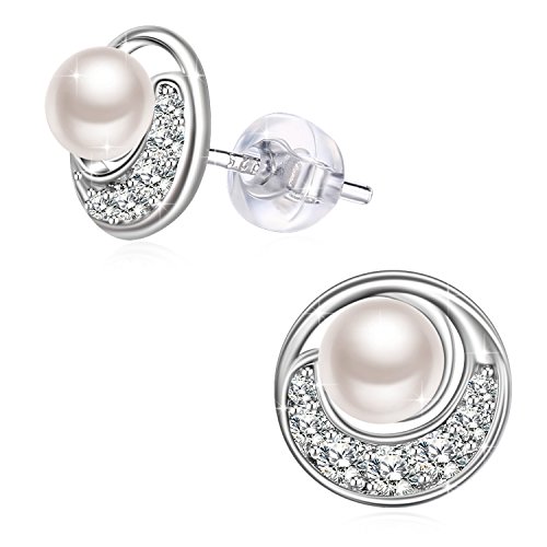 Book Cover J.RosÃ©eÂ Jewelry Mother's Day Gifts Packing 925 Sterling Silver Cubic Zirconia Moon Freshwater Pearl Stud Earrings for Women