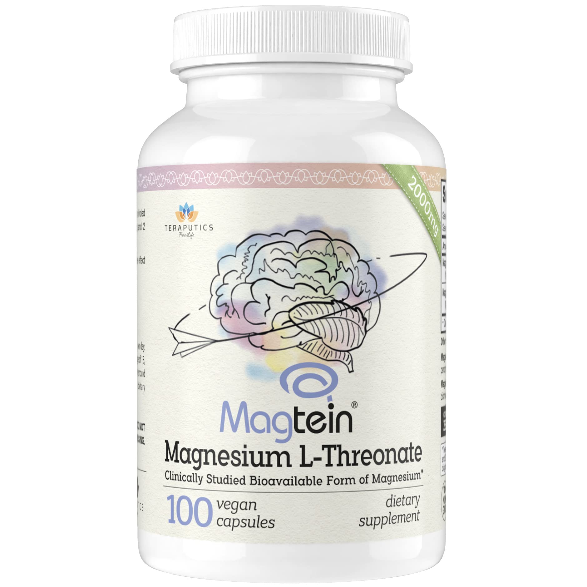 Book Cover Magnesium L Threonate (Original Magtein Formula) - 2000 mg - 100 Vegan Capsules - Non-GMO Highly Absorptive Pure Magnesium Supplement - A Vitamin for Cognition - Pills are Without Laxative Properties