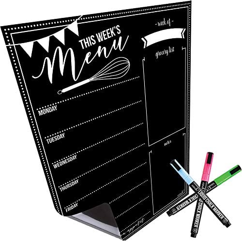 Book Cover Magnetic Dry Erase Weekly Menu Board for Fridge: with Stain Resistant Technology - 4 Fine Tip Markers and Large Eraser with Magnets- Menu Whiteboard Wall Organizer: Refrigerator White Board