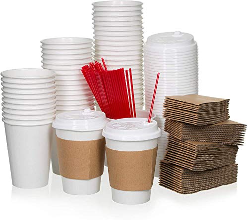 Book Cover Safeware 12 oz [ 100 Set] Togo Disposable White Paper Coffee Cups with Lids, Sleeves, and Stirrers | Hot Beverages | Expresso | Tea | Coffee | Latte | Hot Chocolate