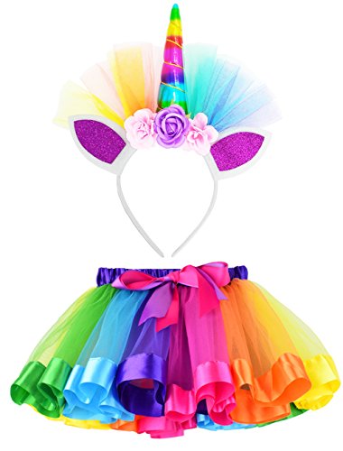 Book Cover LYLKD Little Girls Layered Rainbow Tutu Skirts with Unicorn Horn Headband (Rainbow, L,4-8 Years)
