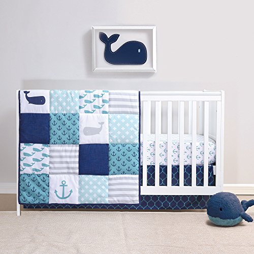 Book Cover Nautical 4 Piece Whales Baby Crib Bedding Set for Boys Includes Plush Animal Whale