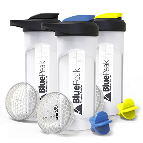 Book Cover BluePeak Protein Shaker Bottle 28 oz with Dual Mixing Technology, Strong Loop Top, BPA Free, Shaker Balls & Mixing Grids Included - On-The-Go Large Protein Shakers (3 Pack - Yellow, Blue, Black)