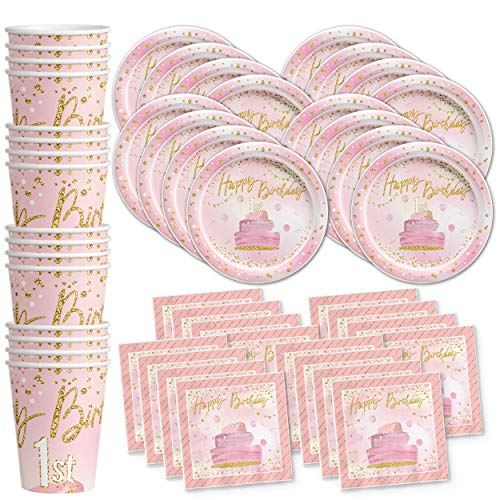 Book Cover Pink and Gold 1st Birthday Party Supplies Set Plates Napkins Cups Tableware Kit for 16