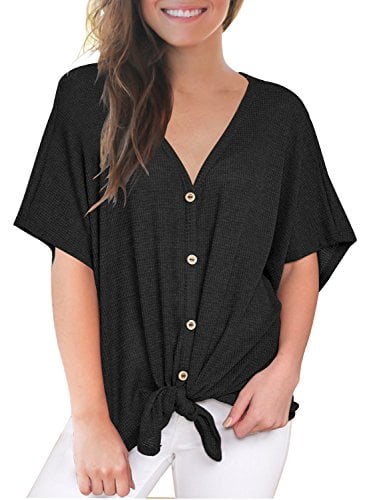 Book Cover MIHOLL Womens Loose Blouse Short Sleeve V Neck Button Down T Shirts Tie Front Knot Casual Tops