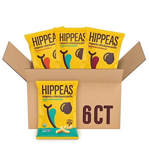 Book Cover Hippeas Organic Chickpea Puffs, Variety Pack: Vegan White Cheddar, Barbecue, Sriracha, 4 Ounce (Pack of 6), 4g Protein, 3g Fiber, Vegan, Gluten-Free, Crunchy, Plant Protein Snacks
