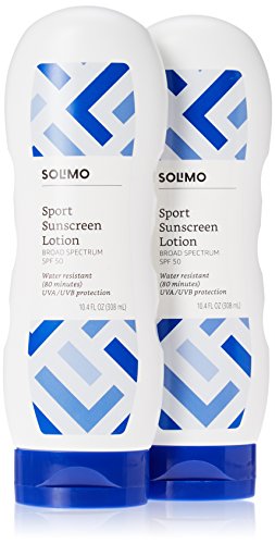 Book Cover Amazon Brand - Solimo Sport SPF 50 Sunscreen Lotion, Water Resistant 80 Minutes, 10.4 Fluid Ounce (Pack of 2)