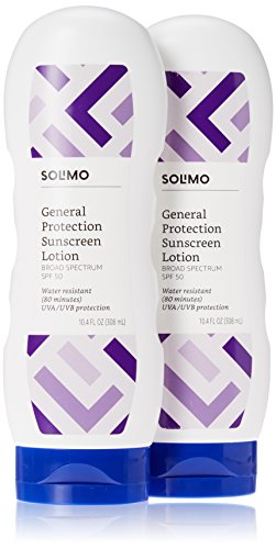 Book Cover Amazon Brand - Solimo SPF 50 General Protection Sunscreen Lotion, Water Resistant 80 Minutes, 10.4 Fluid Ounce (Pack of 2)