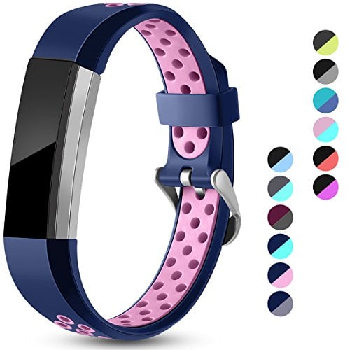 Book Cover Maledan Replacement Bands Compatible for Fitbit Alta, Fitbit Alta HR and Fitbit Ace, Accessory Sport Bands Air Holes Breathable Strap Wristbands with Stainless Steel Buckle, Blue/Pink, Small