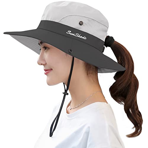Book Cover Muryobao Women's Ponytail Sun Hat UV Protection Foldable Mesh Wide Brim Beach Fishing Hat