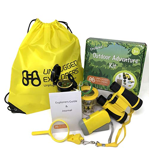 Book Cover Unplugged Explorers 9 Piece Kids Outdoor Explorer Kit-- Backpack, Binoculars, Flashlight, Compass, Bug Collector, Whistle, Magnifying Glass, and Journal. Boy/Girl STEM (Yellow)