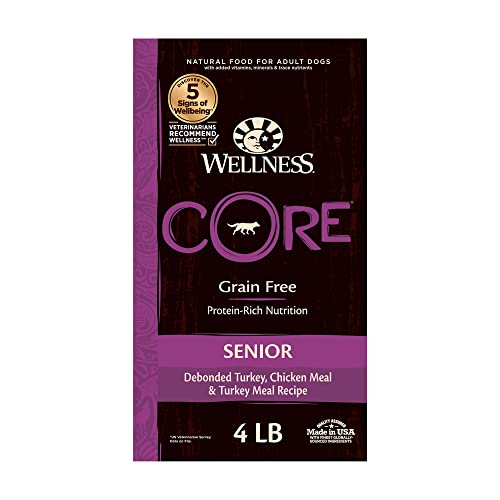 Book Cover Wellness CORE Grain-Free Senior Dry Dog Food, Made in USA with Natural Ingredients, No Meat by-Product, Fillers, Artificial Flavors, or Preservatives (4-Pound Bag, Turkey)