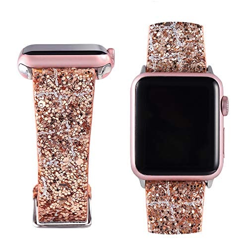 Book Cover Moonooda Glitter Watch Band Replacement for Apple Watch Bands 42mm 44mm Women Girl Cute Bling Sparkle Strap Wristband Compatible with iWatch Series SE 6 5 4 3 2 1, Rose Gold and Silver