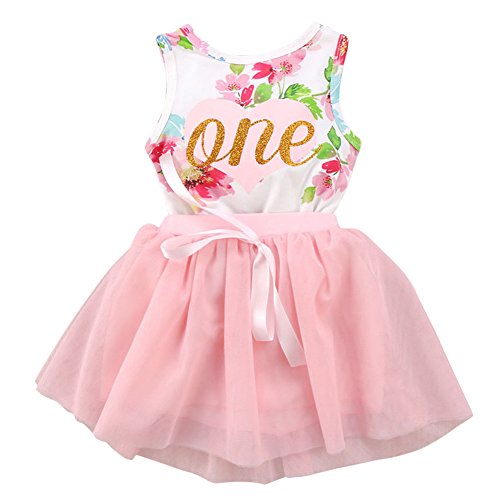 Book Cover Newborn Baby Toddler Girls Summer Sleeveless Flower Bodysuit Tutu Skirt Set First Birthday Party 2PCS Clothes Outfit 12-18 Months