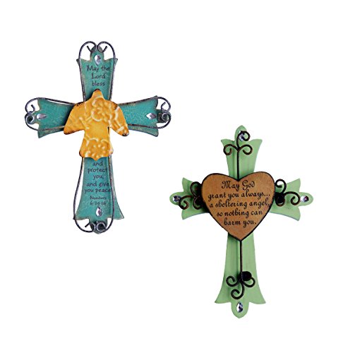 Book Cover Unique Wooden Crucifix With Antiqued Metal Decorative Dove & Heart And Inspirational Prayer Inscribed On Cross (Set of 2)