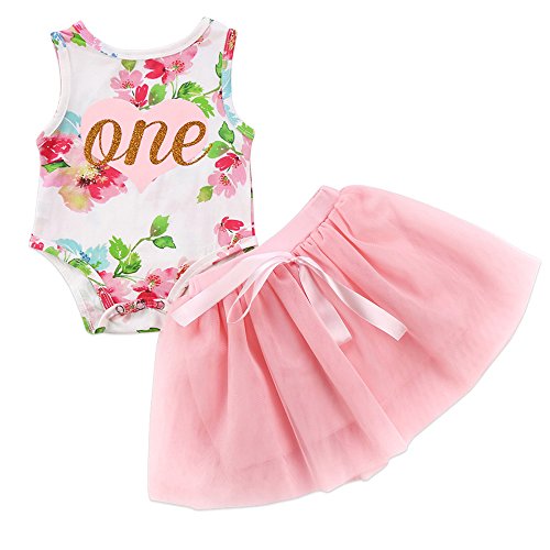 Book Cover HAPPYMA Baby Girl Fall Outfits 1st Birthday Romper Long Sleeve Tops Floral Tutu Skirt 2Pcs Clothing Set (Pink, 12-18 Months)