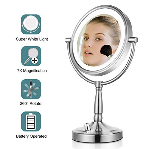 Book Cover Lighted Makeup Mirror - 8'' LED Vanity Mirror 7x Magnifying Double Sided Mirror Battery Operated Nickel Finish ALHAKIN