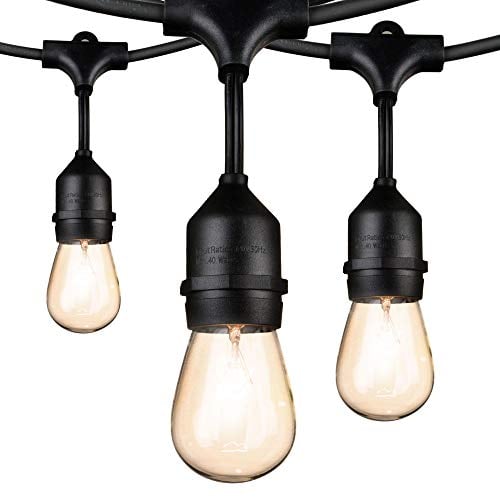 Book Cover Outdoor String Lights 48Ft Edison Vintage Commercial Grade Lights with 15xE26 Base Sockets & S14 Bulbs, Weatherproof Connectable Strand for Porch Garden Deck Backyard Cafe Bar Wedding Party, Black