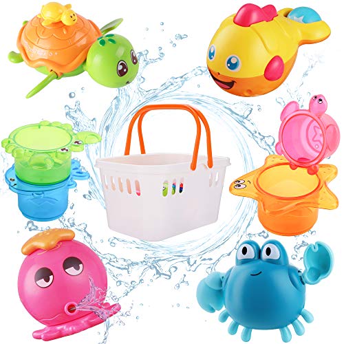 Book Cover iPlay, iLearn Baby Bath Toys w/ Organizer, Water Squirting Octopus, Wind Up Swimming Turtle, Bathtub & Shower, Stacking Cups, Gift for 6, 9, 12, 18 Months 1, 2, 3 Years, Toddlers, Girls, Boys & Kids