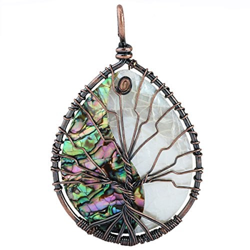 Book Cover SUNYIK Abalone Shell Tree of Life Pendant,Necklaces for Women,Copper Wire Wrapped Jewelry,Assorted Shapes