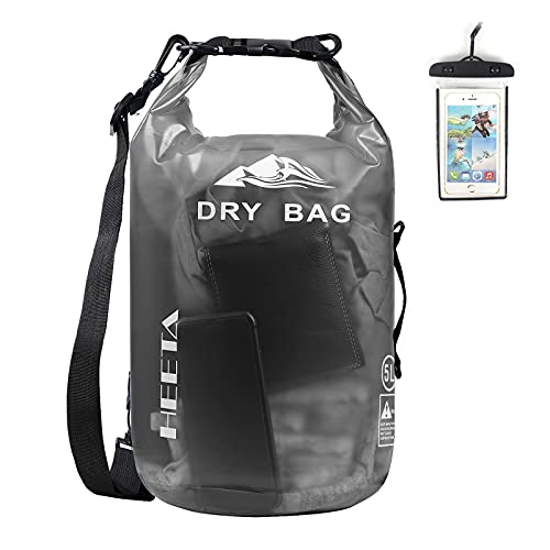 Book Cover HEETA Waterproof Dry Bag for Women Men, Roll Top Lightweight Dry Storage Bag Backpack with Phone Case for Travel, Swimming, Boating, Kayaking, Camping and Beach, Transparent Black 10L