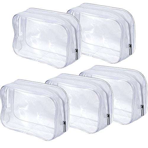 Book Cover Pangda 5 Pack Clear PVC Zippered Toiletry Carry Pouch Portable Cosmetic Makeup Bag for Vacation, Bathroom and Organizing (Small, White)
