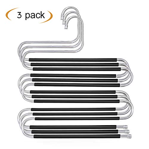 Book Cover HonTop Non-Slip Pants Hangers S-Shape 5 Layers Stainless Steel with Black Silicone Coating Multi Clothes Cascading Hangers Space Saving Clothes Organizer for Jeans Pants Scarf Ties Towels (3 Pack)