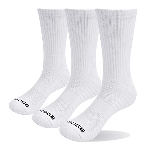 Book Cover YUEDGE Women's Comfy Cotton Moisture Wicking Athletic Casual Cushion Crew Socks(3 Pairs of White, Large)