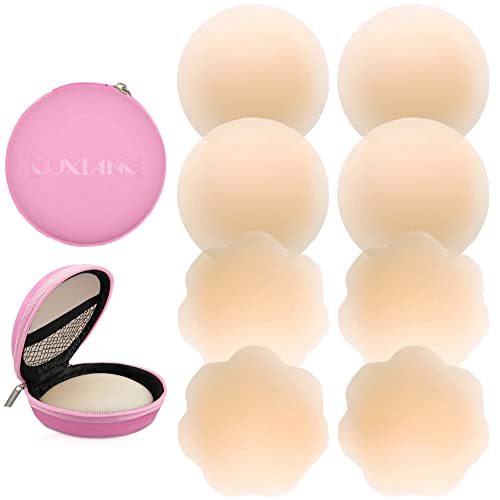 Book Cover QUXIANG 4 Pairs Pasties Women Nipple Covers Reusable Adhesive Silicone Nippleless Covers (2 Round+2 Flower)