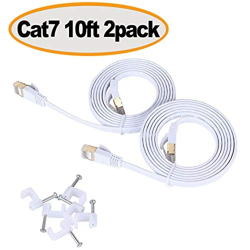 Book Cover Cat 7 Ethernet Cable 10 ft Flat, 10GB Shielded Solid Patch Cord, Durable Fastest Internet RJ45 Short Wire for Modem, Router, LAN, Computer, PS4, Xbox, Gaming, hub, TV, ADSL, Adapter, Switch - 2 Pack