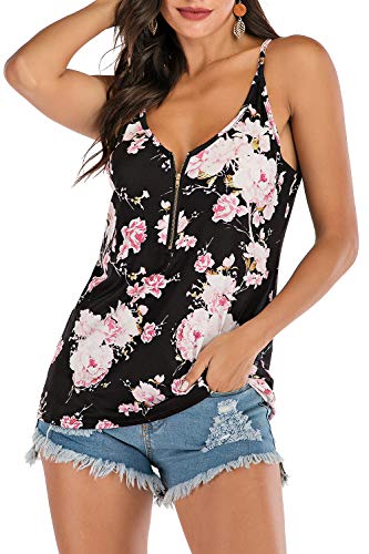 Book Cover Women's Tank Tops Floral Sexy Spaghetti Strap Front Zipper Cami Blouses