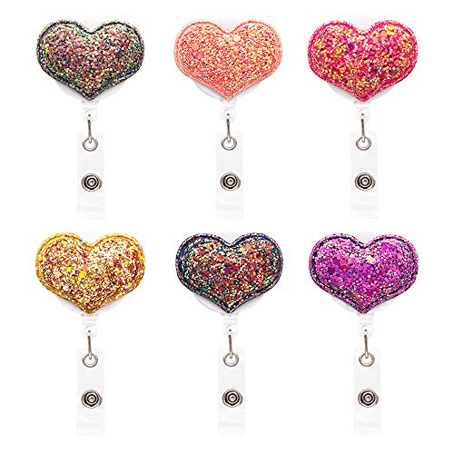 Book Cover Ascrafter Multi-Colors Heart Retractable Name Card Badge Holder with Alligator Clip, ID Badge Reel Clip On Card Holders, 6 Pack