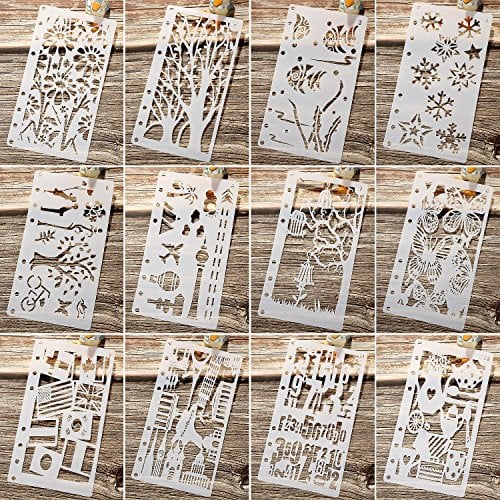 Book Cover 12 Pieces Drawing Loose Leaf Stencils Scale Template Sets Journal Diary Notebook 8-Ring Paper Inserts for Card Painting Projects and Scrapbooking DIY Craft Albums (Style 1)