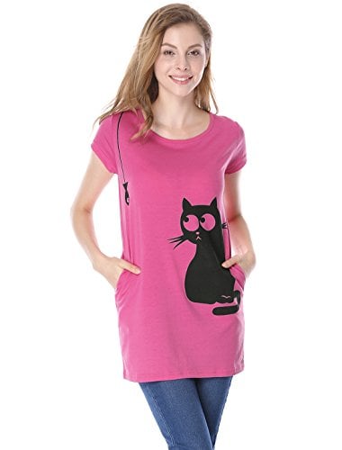 Book Cover Allegra K Women's Round Neck Short Sleeves Contrast Cartoon Cat Print Tunic Tops