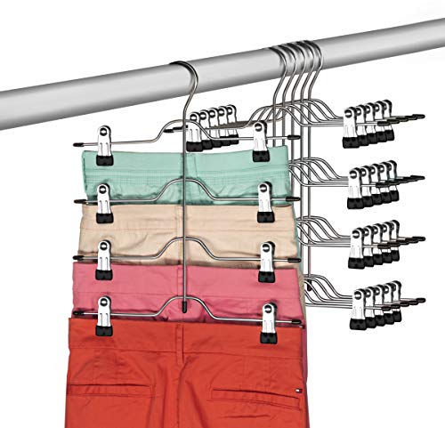 Book Cover Zober Space Saving 4 Tier Skirt Hanger with Adjustable Clips (6 Pack) 4-on-1 Hanger, GAIN 50% More Space, Reliable Non Slip Grip, Durable Metal Pants Hanger Great for Slack, Trouser, Jeans, Towels Etc