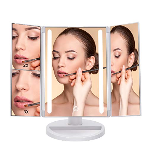Book Cover 3x Folding Makeup Vanity Mirror with Lights, Battery and USB Powered Portable LED Strip Lights Vanity Mirror with Tri-Fold Magnification, High-Definition Bathroom Cosmetic Mirror, Trifold-1x/2x/3x