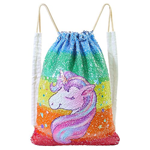 Book Cover MHJY Unicorn Bag Reversible Sequin Drawstring Bag Sparkly Gym Dance Backpack,Colorful