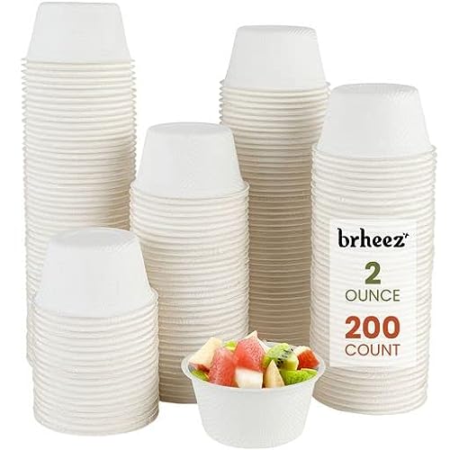Book Cover brheez 2 oz - Pack of 200 White Paper Souffle Cup - Small Paper Cups for Sample, Mouthwash Cups, Condiment Cups, Snack Cups, Souffle Cups - Mini Biodegradable Compostable & Disposable Tasting Cups
