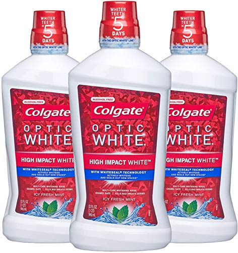 Book Cover Colgate Optic White Whitening Mouthwash, Fresh Mint - 946mL, 32 fluid ounce (3 Pack)