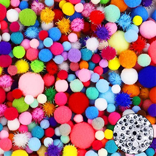 Book Cover Pom Poms HEHALI 1600pcs Setincluding 1500pcs Craft Assorted Sizes and Colors with 100pcs Wiggle Googly Eyes for Hobby Supplies and Creative Craft DIY Material