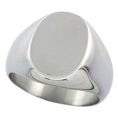 Book Cover Surgical Stainless Steel Oval Signet Ring Solid Back Flawless Finish 5/8 inch, Sizes 5 to 10