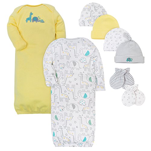 Book Cover GERBER Baby 8-Piece Gown, Cap and Mitten Bundle, Little Zoo, 0-6 Months