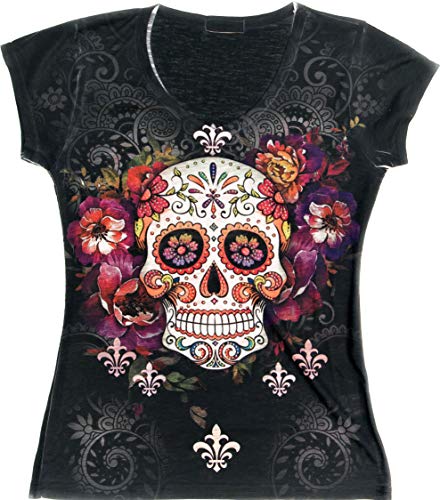 Book Cover Made in USA - Sugar Skull Shirts for Women, V Neck T Shirt Tee, Beautiful Quality Print Decorated with Rhinestones